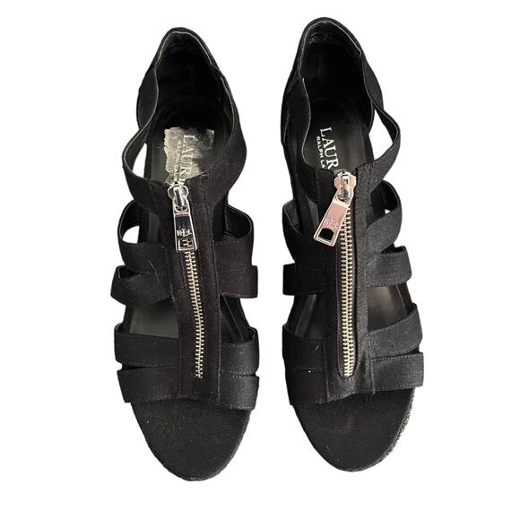 Ralph Lauren Black Espadrille Kelcie Cotton Linen Wedge Size 9 - Picture 3 of 8